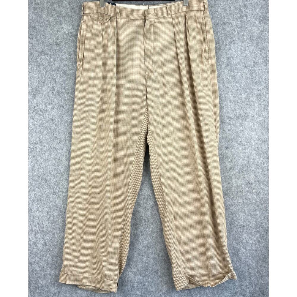 VTG Polo Ralph Lauren Pants Mens‎ 35x27 Beige Houndstooth Cuffed Pleated 80s USA